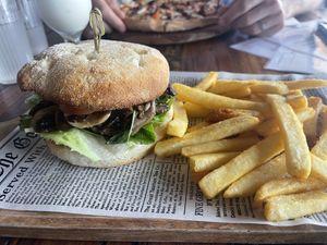 Vegan Mushroom & Pesto Burger with Chips  at Hitching Post Bar + Grill in Pullenvale