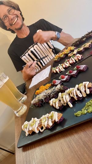 Look at all that happiness and pressed sushi!  at Cofu in Vancouver