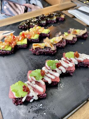 Bonsai Omakase (back to front): red chard, Mexican, Mushroom, tuna.  at Cofu in Vancouver