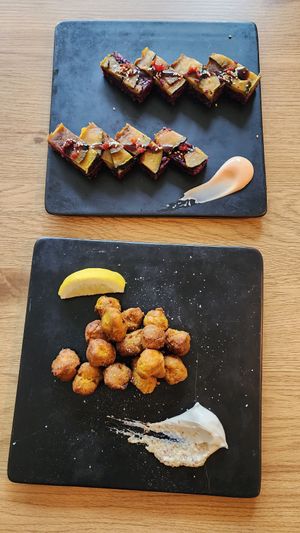 Pumpkin Sushi and Fried "Chicken" appetizer at Cofu in Vancouver