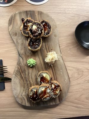 Tempura rolls. Tempura tiger + Golden Foo dog   at Secret Garden in Munich