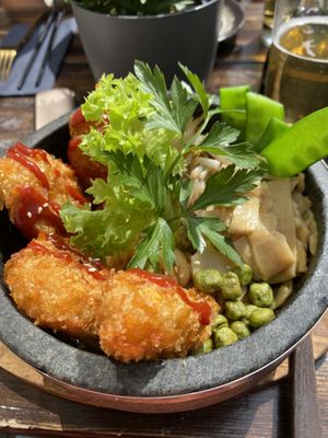 Udon noodles with „calamari“, wasabi nuts and beans   at Secret Garden in Munich