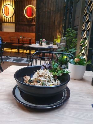 Udon noodles with silky tofu, brown mushrooms and creamy truffle sauce. Mind-blowing! at Secret Garden in Munich