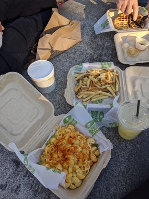 Vegan Mac and cheese, fries, and waffles at Veggie Galaxy in Cambridge