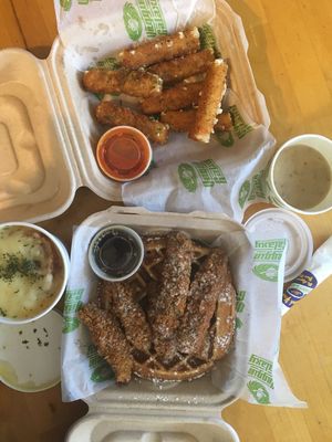 A feast: mozz sticks, chix n waff, French onion soup  at Veggie Galaxy in Cambridge