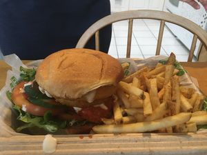 Dat buff chik with fries! at Veggie Galaxy in Cambridge