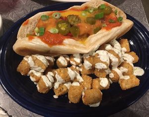 Blue Plate Special: Jalapeño Cheddar Meatball Sub with Tater Tots and Ranch at Veggie Galaxy in Cambridge