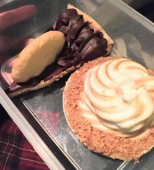 Chocolate Chip Cheesecake (left) and Lemon Meringue Pie (right) at Veggie Galaxy in Cambridge