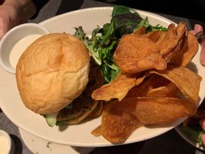 Galaxy burger and fried potato chips  at Veggie Galaxy in Cambridge