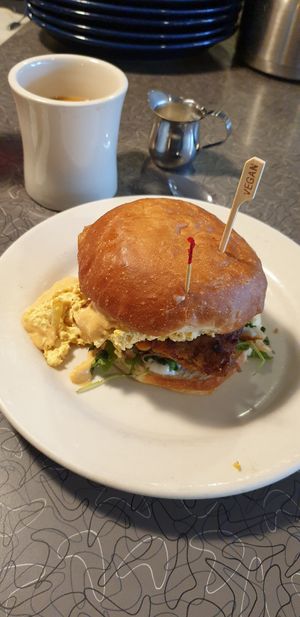 Breakfast sandwich with just egg and hash brown at Veggie Galaxy in Cambridge