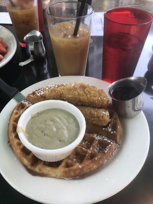 Vegan chicken and waffles  at Veggie Galaxy in Cambridge
