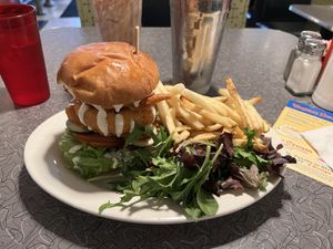 Buffalo Chick’n Burger with a Side of Fries  at Veggie Galaxy in Cambridge