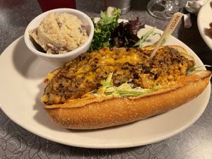 Harlem Style Chopped Cheese Hero with Potato Salad  at Veggie Galaxy in Cambridge