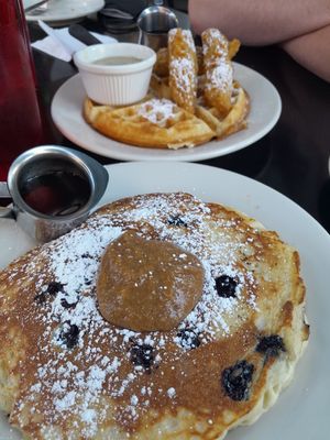 Blueberry pancakes and chicken and waffle at Veggie Galaxy in Cambridge