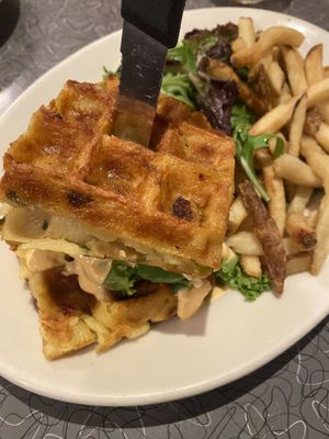 Chicken, mac cheers waffle burger   at Veggie Galaxy in Cambridge