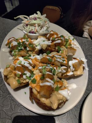 Thursday only special: stuffed potatoes w/ buffalo Mac and cheeze and buffalo chicken at Veggie Galaxy in Cambridge