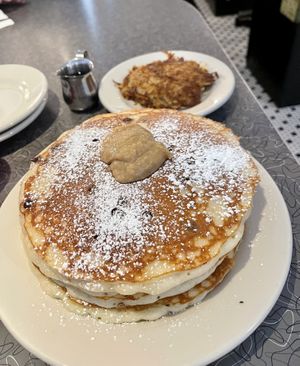 Talk stack of chocolate chip pancakes   at Veggie Galaxy in Cambridge