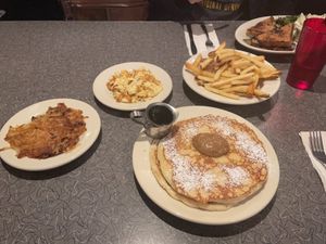Pancakes, hash browns, scrambled tofu and fries at Veggie Galaxy in Cambridge