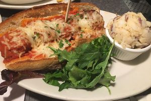 Meatball sub with potato salad  at Veggie Galaxy in Cambridge
