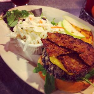 Davis Square Cheeseburger with extra Tempeh Bacon (vegan!) at Veggie Galaxy in Cambridge