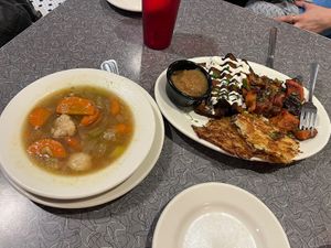 Chanukah blue plate special and matzoh ball soup  at Veggie Galaxy in Cambridge