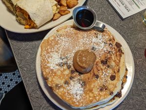 Tall stack chocolate chip pancakes at Veggie Galaxy in Cambridge