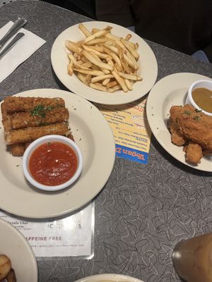 vegan fried chicken + mozz sticks approved by non-veg bc  at Veggie Galaxy in Cambridge