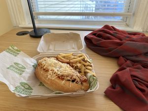 Meatball sub & fries (to go of course, their diner is way cuter than this background)  at Veggie Galaxy in Cambridge