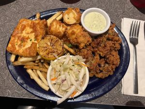 Blue plate special: captain’s platter (tofu cod, oyster mushroom clam strips, hearts of palm scallops)  at Veggie Galaxy in Cambridge