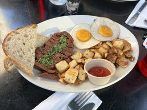 Steak and yo-egg  at Veggie Galaxy in Cambridge