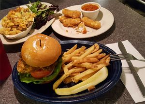 Vegan burger, fries, mac and cheese, moz sticks at Veggie Galaxy in Cambridge