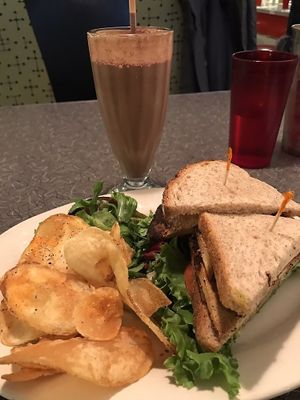 Chocolate frapp, club sandwich, and chips on the side. A classic meal made in heaven (also known as Veggie Galaxy) at Veggie Galaxy in Cambridge