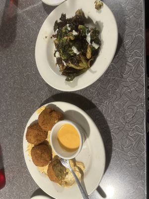 Mac and cheese bites and crispy Brussels  at Veggie Galaxy in Cambridge