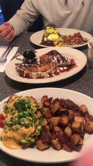 Avocado Benedict, stuffed French toast  at Veggie Galaxy in Cambridge