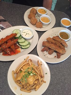 Cheese fries, buffalo tenders, chicken tenders, Mac and cheese bites at Veggie Galaxy in Cambridge