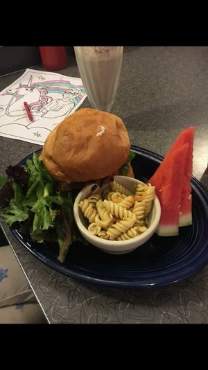 Plant based burger with avocado, vegan ranch, lettuce tomato,garlic mayo. Pasta at Veggie Galaxy in Cambridge
