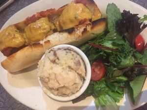 Vegan meatball sub and vegan potato salad at Veggie Galaxy in Cambridge