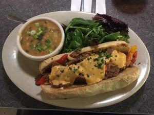 Steak and cheese! With a nice side soup at Veggie Galaxy in Cambridge