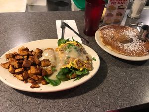 Southern Benny and choc chip pancake (both vegan) at Veggie Galaxy in Cambridge
