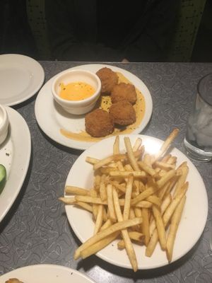 Mac n cheese balls and fries at Veggie Galaxy in Cambridge