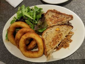 Reuben sandwich with the BEST onion rings! at Veggie Galaxy in Cambridge