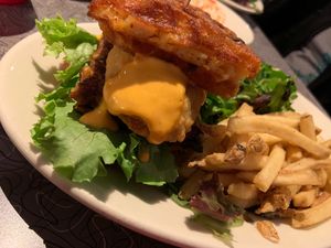 Mac and cheese waffle chick’n burger sandwich  at Veggie Galaxy in Cambridge