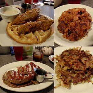 Chick'n and waffles, corned beef hash, French toast stuffed with cream and hash brown. at Veggie Galaxy in Cambridge