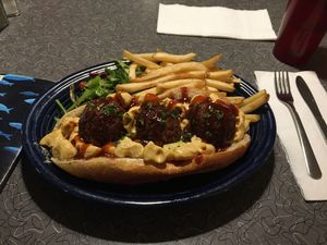 Blue plate special: BBQ meatball Mac N cheese sub at Veggie Galaxy in Cambridge