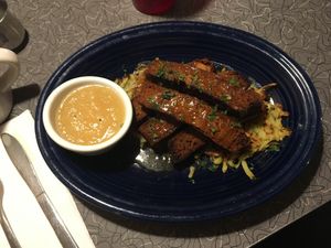 Blue plate: brisket, latkes, and applesauce. at Veggie Galaxy in Cambridge