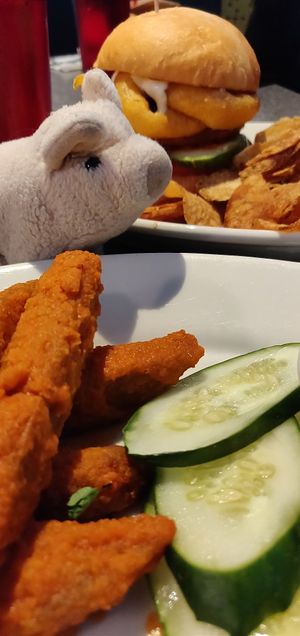Buffalo "chicken" with vegan blue cheese and a "chicken" burger at Veggie Galaxy in Cambridge