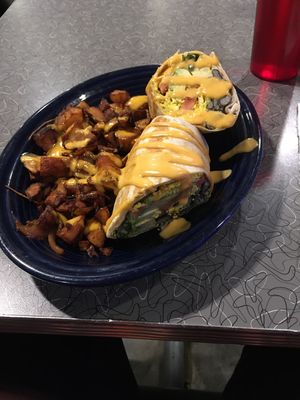 Breakfast burrito blue plate at Veggie Galaxy in Cambridge