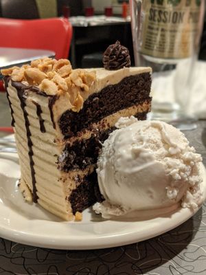 peanut butter chocolate cake with a scoop of vanilla FoMu ice cream! at Veggie Galaxy in Cambridge