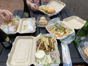 Delicious fries, burgers, subs, pies and poutine! If you get take out it’s near a cute park with tables to eat outside.   at Veggie Galaxy in Cambridge