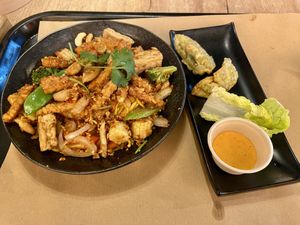 On the left Tornado tempeh and noodles: tasty and lots of tempeh & tofu, but lacked veggies and was a small portion (lunch size). On the right vegan gyozas: nice, but not special. at WOK! Asian Street Food in Utrecht